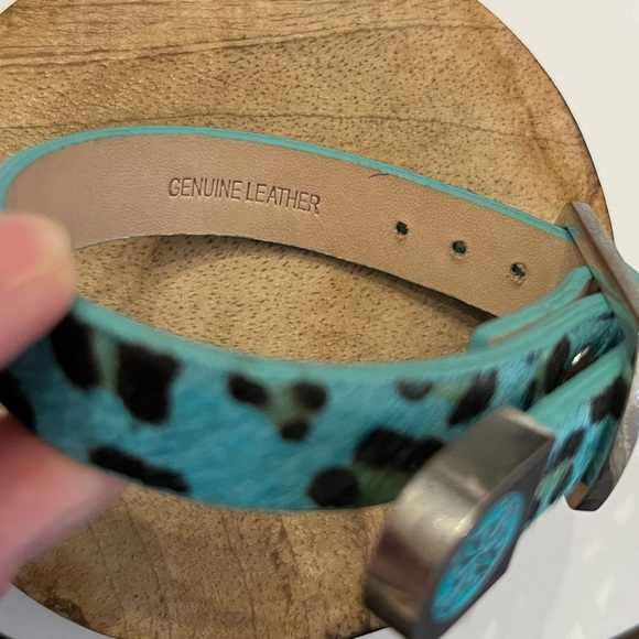 Rustic Cuff KACY Turquoise Leopard Print LeatherCalfskin Silver Buckle Bracelet - Picture 5 of 5
